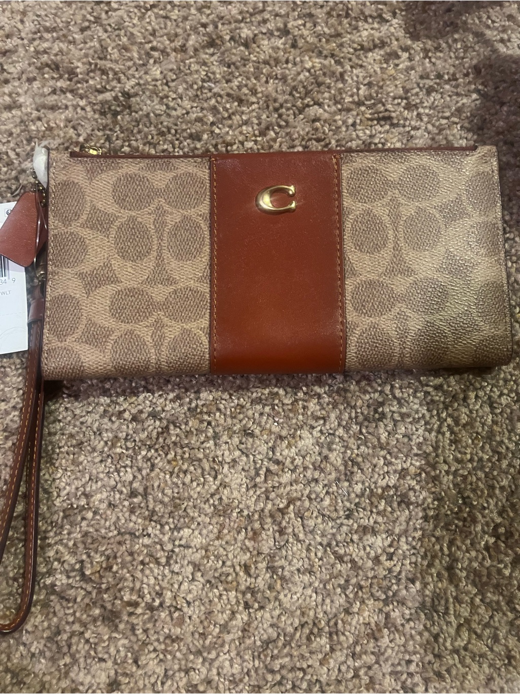 New Coach Double Zip Tan/Rust Signature Canvas Wristlet